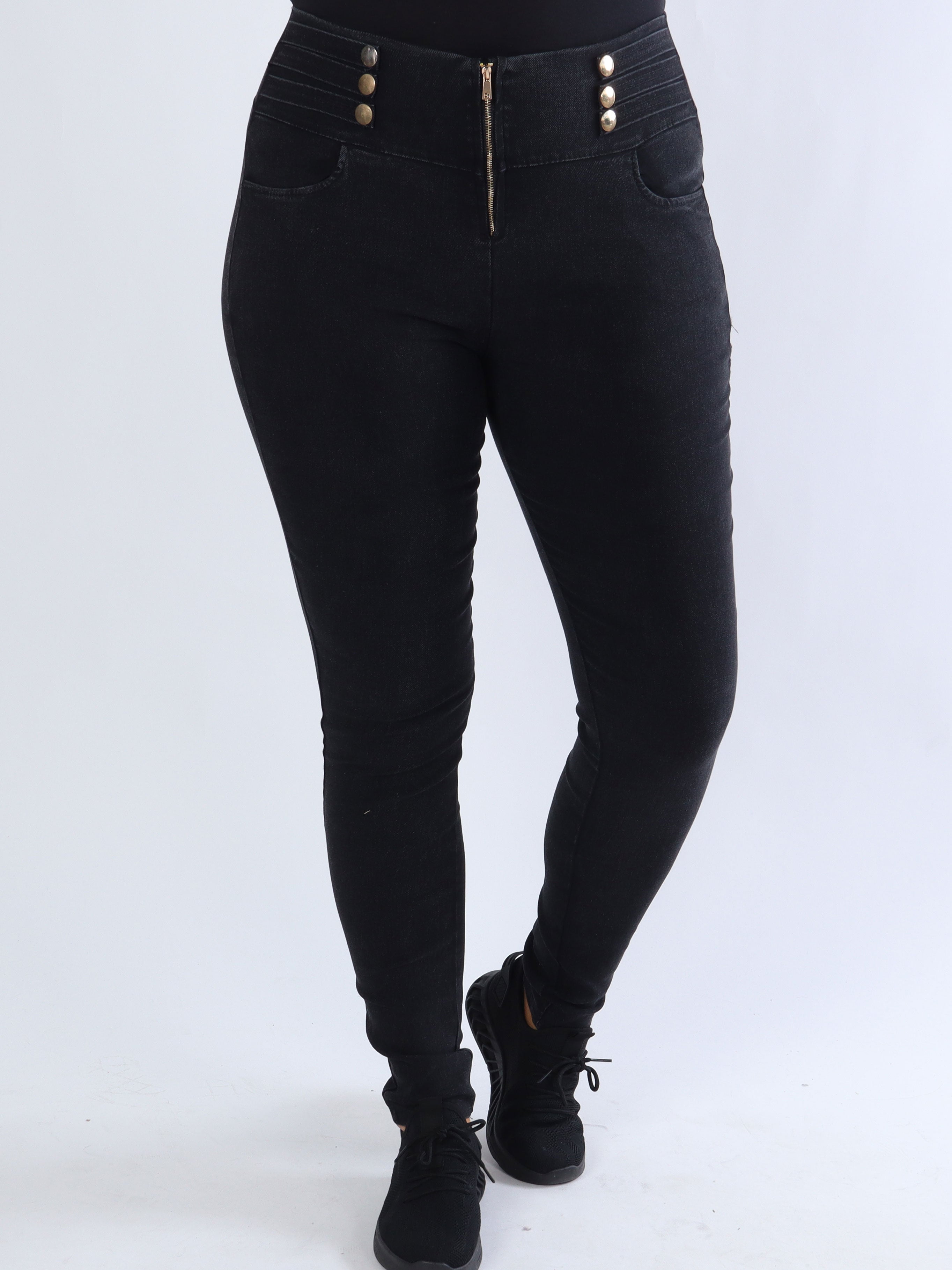 Latisha - Leggings i jeanslook med lynlås og guldknapper